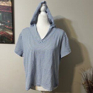 Reference Point Women Blue & White Crop Striped Short Sleeve Hoodie Top Size XL